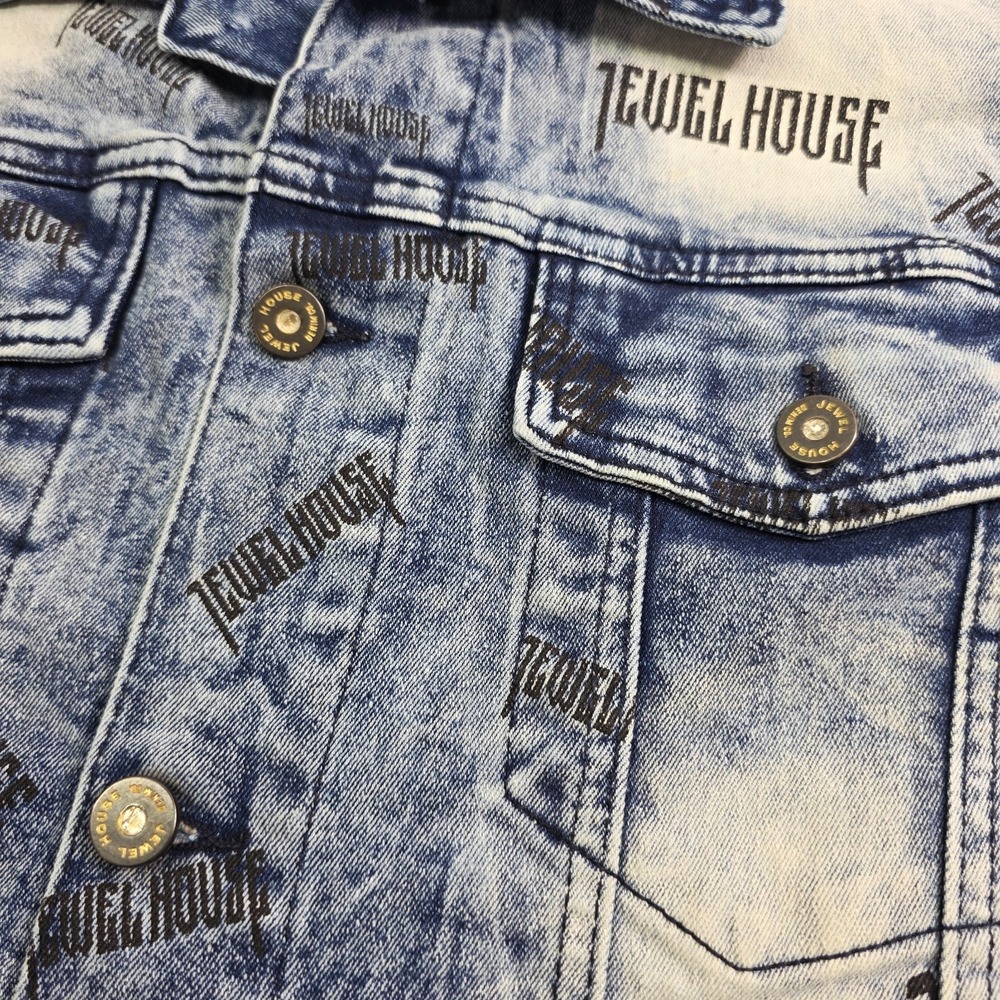 Jewel House AOP Logo Jean Jacket Distressed Wash Denim Button Vest Men's XL - Picture 5 of 10